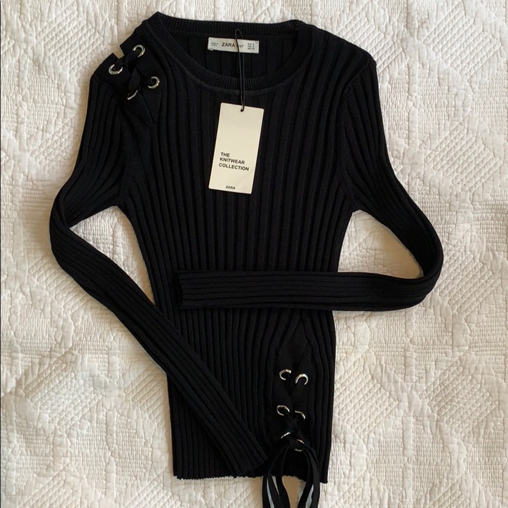MWT Zara Black Sweater Silver w/ Lacing Grommets
